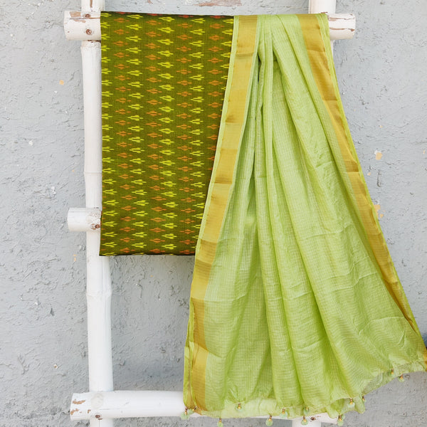 ANUBHA- Pure Cotton Mercerised Ikkat With Semi Kota Plain Dupatta Mehindi Green With Light Green