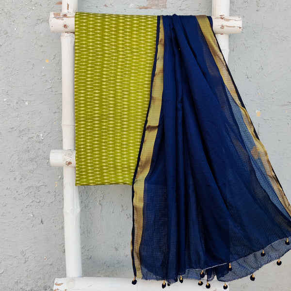 ANUBHA- Pure Cotton Mercerised Ikkat With Semi Kota Plain Dupatta Mehindi Green With Navy Blue