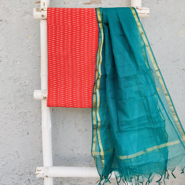 ANUBHA- Pure Cotton Mercerised Ikkat With Semi Kota Plain Dupatta Orange With Teal Green