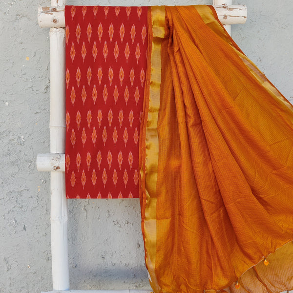 ANUBHA- Pure Cotton Mercerised Ikkat With Semi Kota Plain Dupatta Red With Mustard