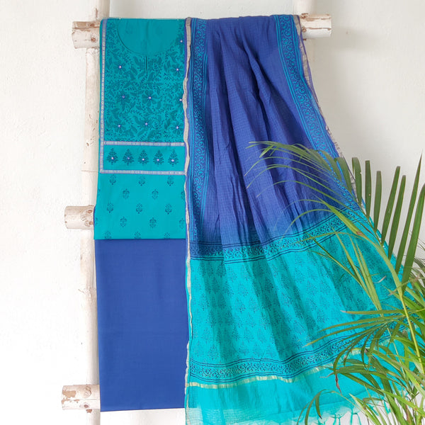 ANVI-Pure Cotton Handloom Blue Emboiderey Yoke Top And Dark Blue Plain Bottom And Kota Dori Dupatta Suit