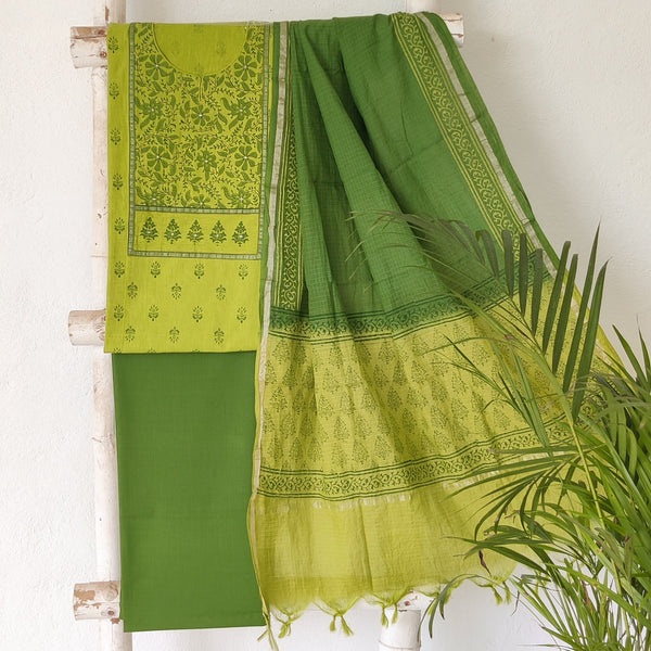 ANVI-Pure Cotton Handloom Green Emboiderey Yoke Top And Green Plain Bottom And Kota Dori Dupatta Suit