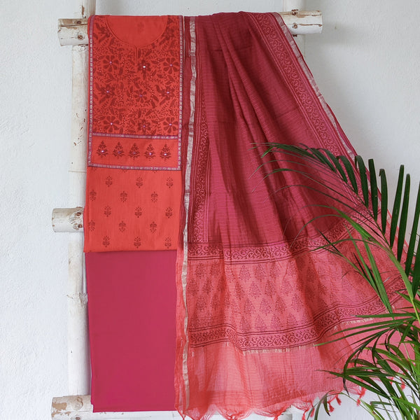 ANVI-Pure Cotton Handloom Red Emboiderey Yoke Top And Dark Pink Plain Bottom And Kota Dori Dupatta Suit