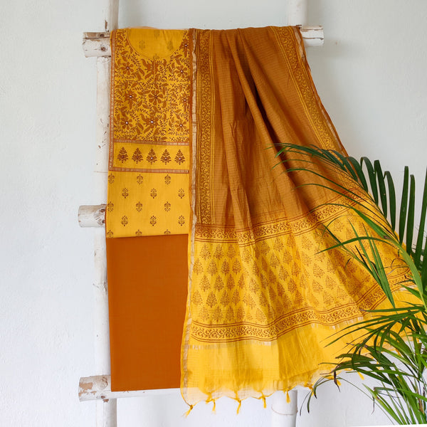 ANVI-Pure Cotton Handloom Yellow Emboiderey Yoke Top And Mustard Plain Bottom And Kota Dori Dupatta Suit