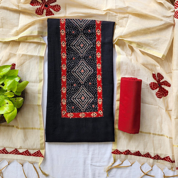 ARADHNA - Pure Cotton Top With Patch Work And Small Embroidery Yoke Plain Bottom And A Cotton Silk Applique Dupatta