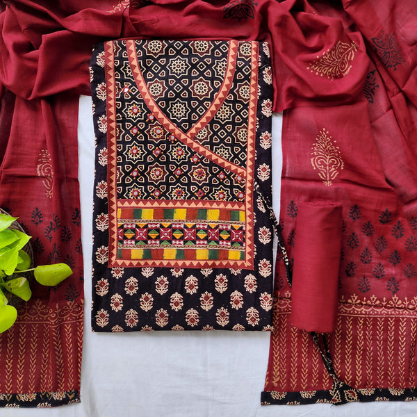 ASARIA - Pure Cotton Ajrak Top Fabric With Embroidered Yoke Plain Pure Cotton Bottom And  A Printed Cotton Dupatta