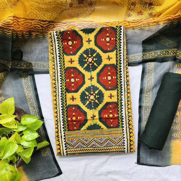 ASAWARI - Pure Cotton Ajrak Top With Embroidered Patch Yoke Plain Black Bottom And A Printed Kota Doriya Dupatta