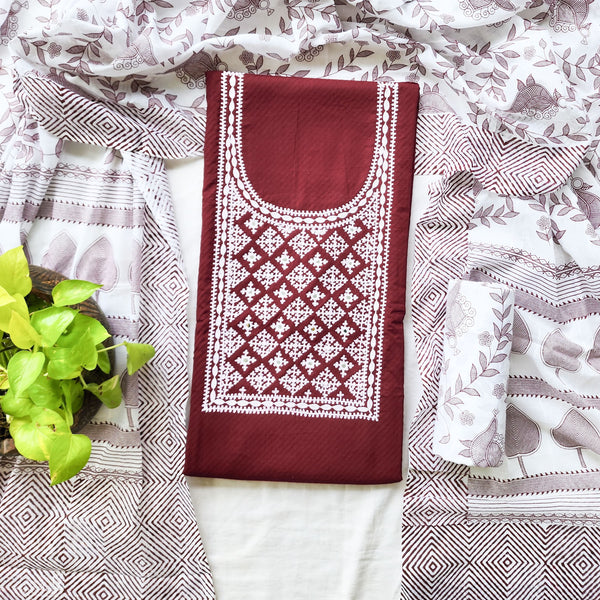 ASRA - Pure Cotton Jacquard Maroon Top With White Yoke Embroidery Printed Bottom And A Printed White Dupatta