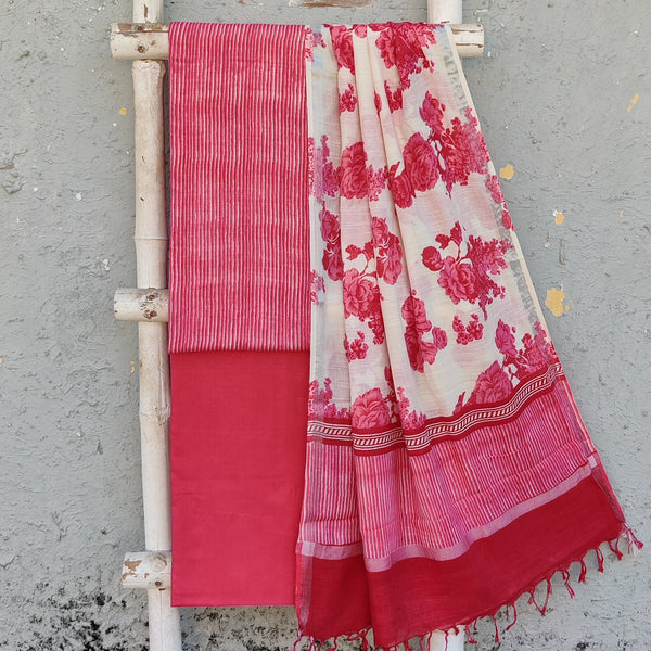 AVA-Pure Cotton Linen Pink With White Stripes Top And Plain Pink  Cotton Bottom And White With Pink Roses Dupatta Suit