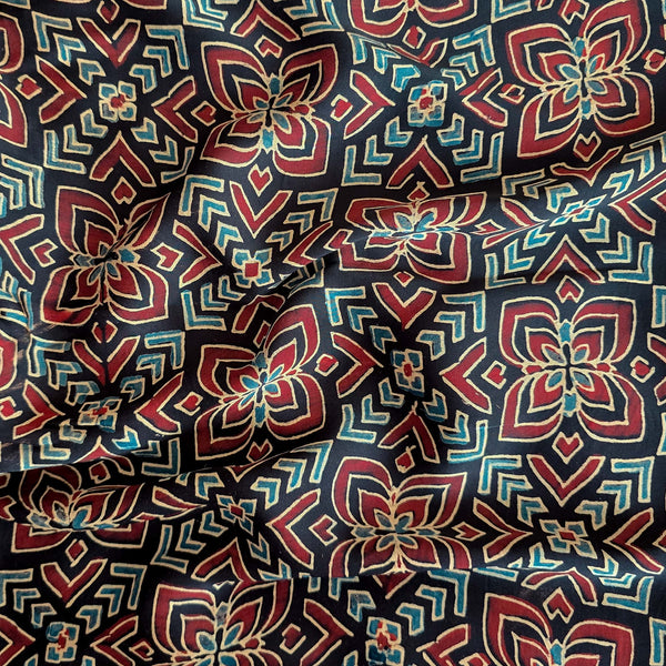 Ajrak Modal Silk Black With Rust Red And Blue Star Intricate Design  Hand Block Print Fabric