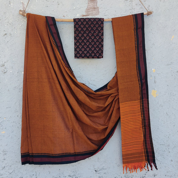 Anika-Pure Cotton Handloom  Brown Saree