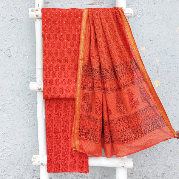 BAGH-Pure Cotton Bagh Banarasi Orange With Maroon Kairi Motif Top And Orange With Maroon Kairi Creeper Bottom With Cotton Dupatta Everyday  Wear Suit