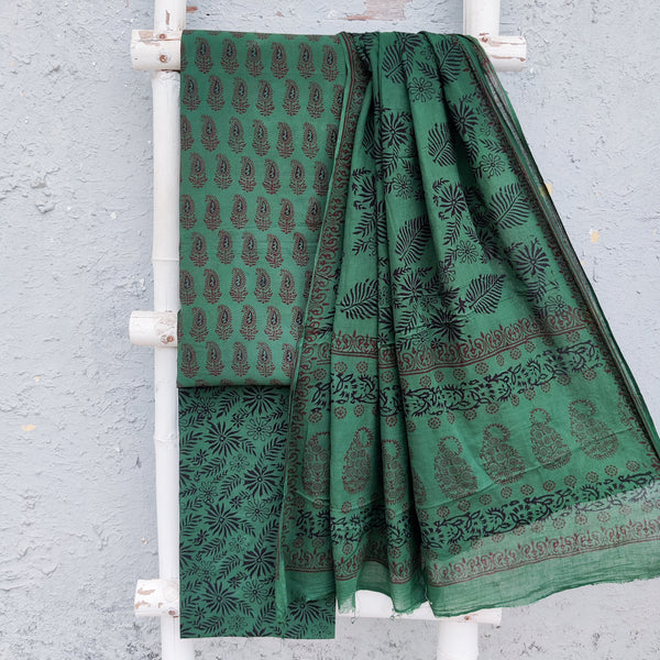 BAGH-Pure Cotton Bagh Dark Green With Black And Maroon Kairi Motifs Top And Dark Green  Bottom And Cotton Dupatta Everyday Wear