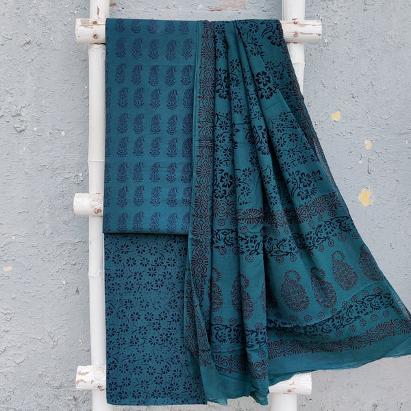 BAGH-Pure Cotton Bagh Dark Teal Green And Black Kairi Top And Dark Teal Green  Bottom And Cotton Dupatta Everyday Wear Suit