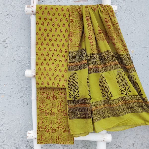 BAGH-Pure Cotton Bagh  Mahindi Green With Maroon Leave Motif Top And Mahindi Green  With Maroon Trade  Bottom With Cotton Dupatta Everyday  Wear Suit