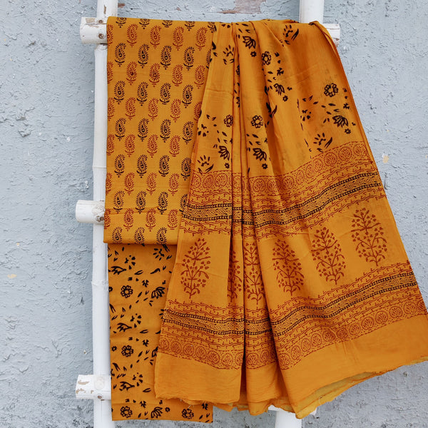 BAGH-Pure Cotton Bagh  Orange With Black Kairi Motif Top And  Orange With Black Flower Design Bottom  And Cotton Dupatta Everyday Wear Suit