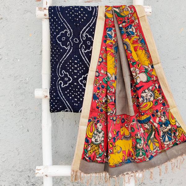 BANDHANI-KALAMKARI-Pure Cotton Bandhani Top Fabric With Hand Painted Kalamkari Dupatta  Navy Blue With Grey