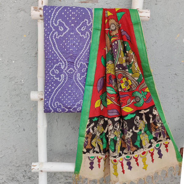 BANDHANI-KALAMKARI-Pure Cotton Bandhani Top Fabric With Hand Painted Kalamkari Dupatta  Purple Wioth Green And Red