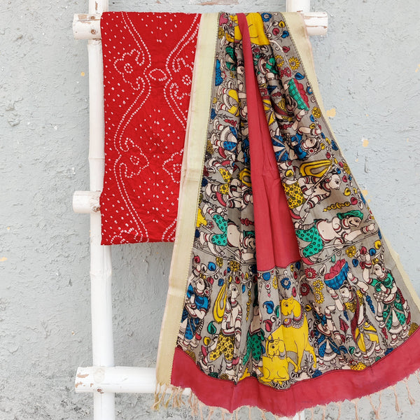 BANDHANI-KALAMKARI-Pure Cotton Bandhani Top Fabric With Hand Painted Kalamkari Dupatta  Red With Cream