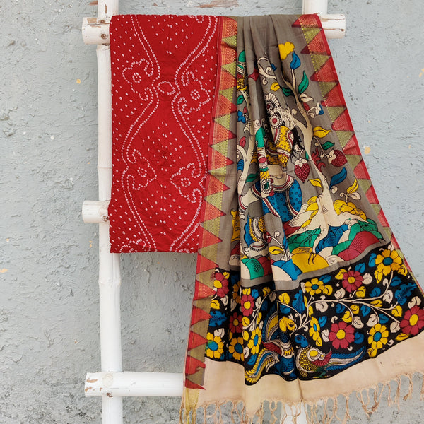 BANDHANI-KALAMKARI-Pure Cotton Bandhani Top Fabric With Hand Painted Kalamkari Dupatta  Navy Blue With Grey