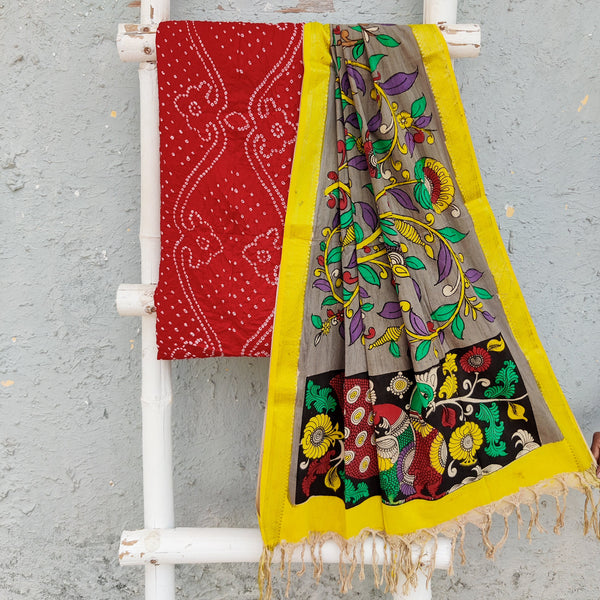 BANDHANI-KALAMKARI-Pure Cotton Bandhani Top Fabric With Hand Painted Kalamkari Dupatta  Red With Yellow