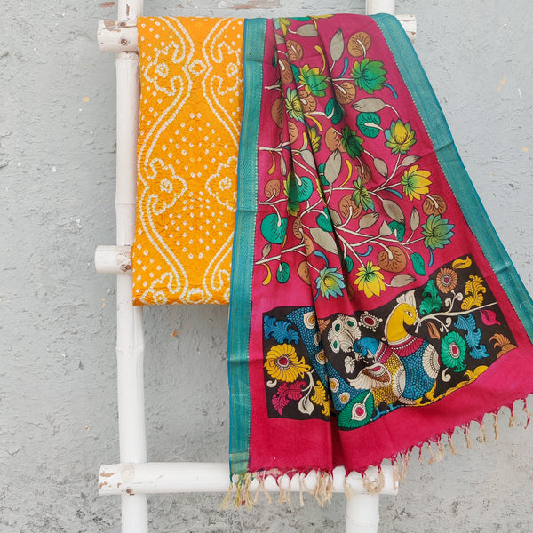 BANDHANI-KALAMKARI-Pure Cotton Bandhani Top Fabric With Hand Painted Kalamkari Dupatta  Yellow With Red