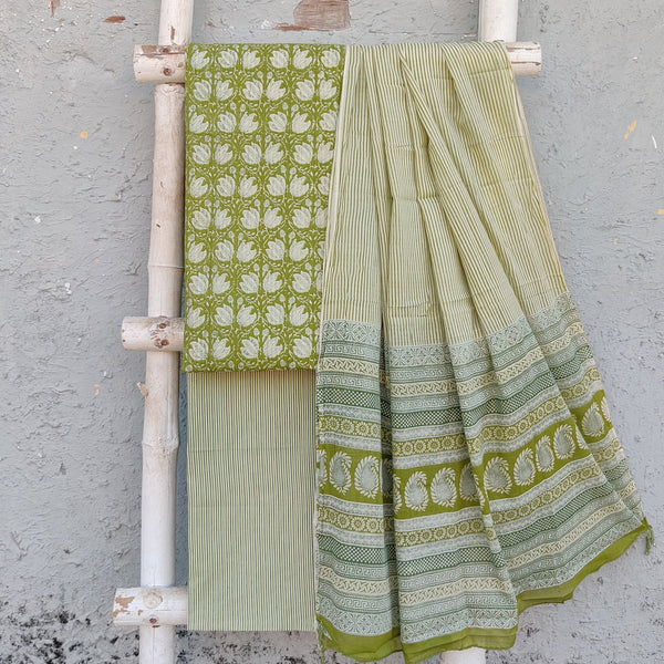 BARKHA-Pure Cotton Pintucks Green With White Flower Top And Cotton Green Stripes Bottom And Cotton Dupatta