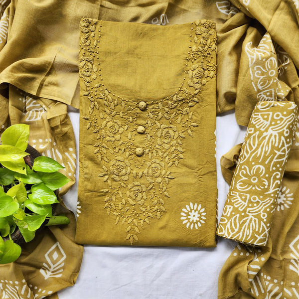 BATTU - Pure Cotton Batik Top Bottom And Dupatta With Lucknowi Embroidered Yoke