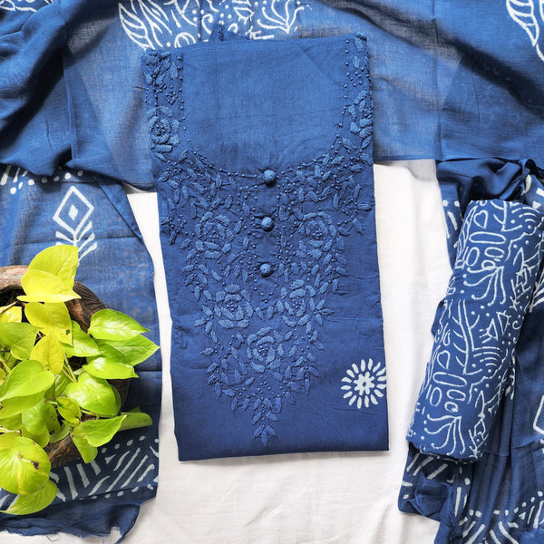 BATTU - Pure Cotton Batik Top Bottom And Dupatta With Lucknowi Embroidered Yoke Blue