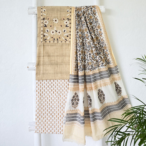 BHAVYA-Pure Cotton Cream With White And Brown Heavy Emboiderey Yoke Top And Pure Cotton White With Brown Bottom And Cotton Dupatta