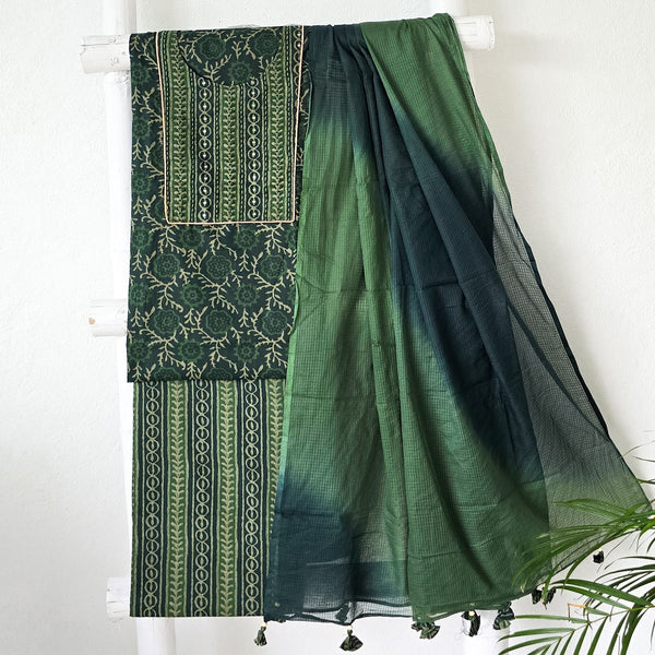 BHAVYA-Pure Cotton Dark Green With Black Neck Design Top And Cotton Bottom And Kota Dori Dupatta