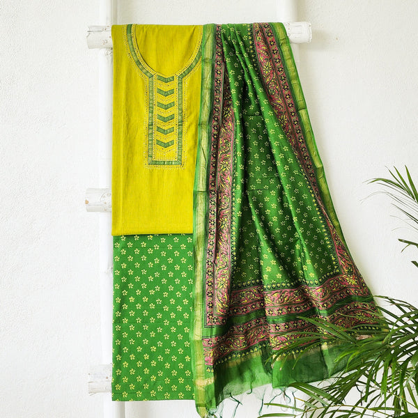 BHAVYA-Pure Cotton Green With Yoke Top And Green With Yellow Flower Design Bottom And Cotton Dupatta