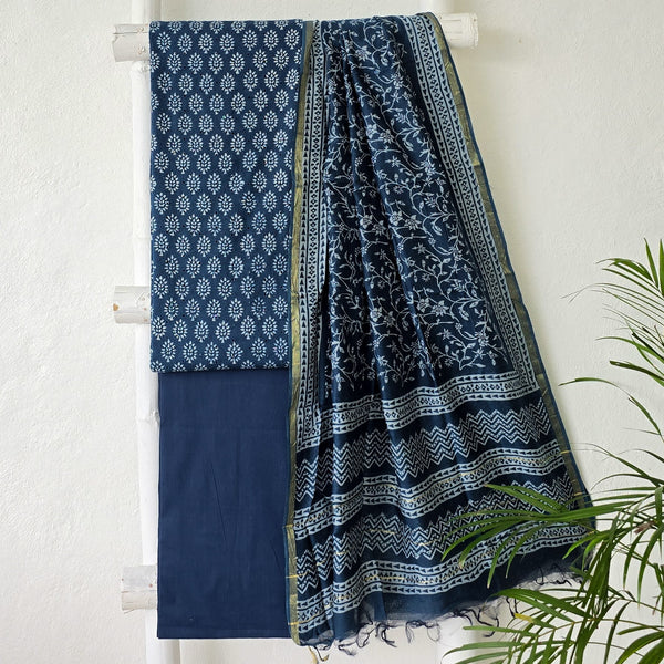 BHAVYA-Pure Cotton Hakoba Blue With White Top And Plain Bottom And Chanderi Dupatta