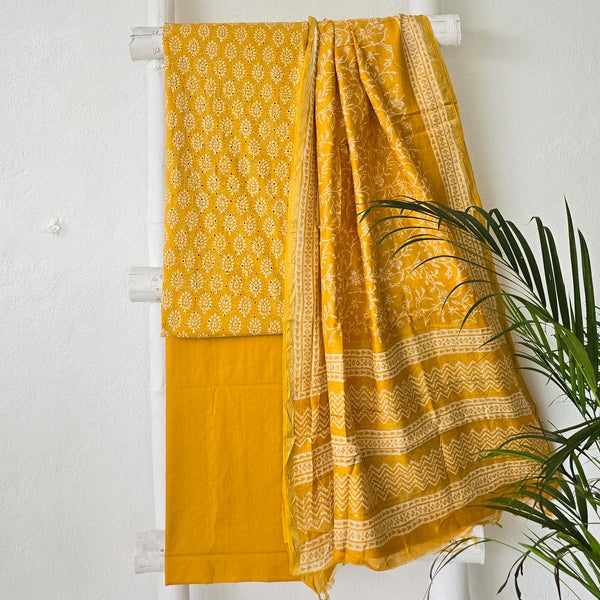 BHAVYA-Pure Cotton Hakoba Yellow Top And Pure Cotton Plain Bottom And Soft Chanderi Dupatta Suit