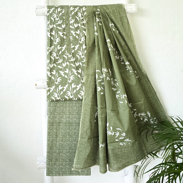 BHAVYA-Pure Cotton Mint Green With White Flower Creeper Top And Pure Cotton Green With White Dots Bottom And Cotton Dupatta