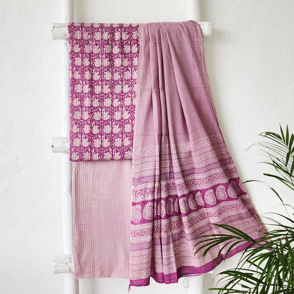 BHAVYA-Pure Cotton Pintucks Purple With Flower Jaal Top And Cotton Stripes Bottom And Cotton Dupatta