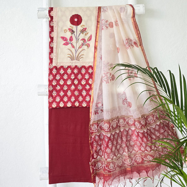 BHAVYA-Pure Cotton Red With Yoke Design Top And Plain Red Bottom And Kota Dori Dupatta Suit