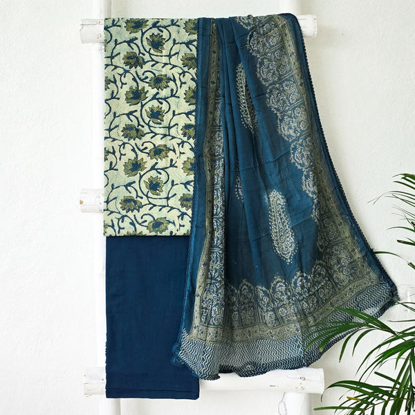 BHAVYA-Pure Cotton Vanaspati Cream With Blue Flower Jaal Top And Plain Bottom And Chiffon Dupatta