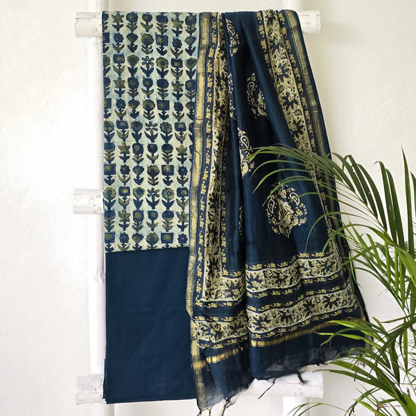 BHAVYA-Pure Cotton Vanaspati Cream With Blue Flower Motif Top And Pure Cotton Plain Bottom And Chanderi Dupatta Suit