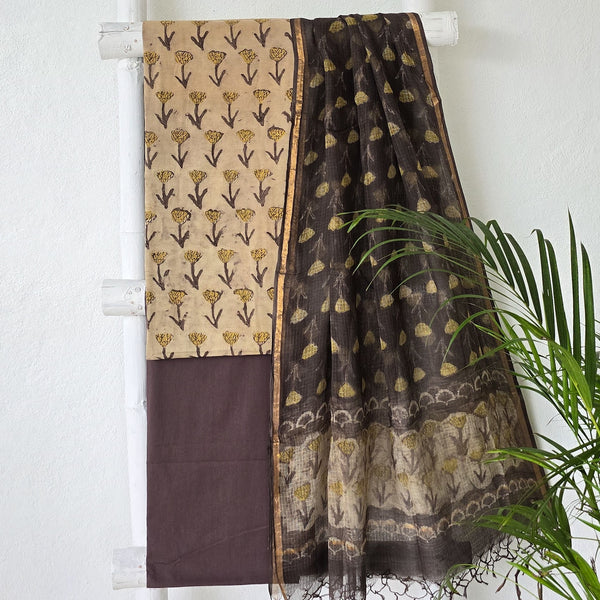 BHAVYA-Pure Cotton Vanaspati Cream With Brown Flower  Top And Pure Cotton Plain Bottom And kota Dori Dupatta Suit