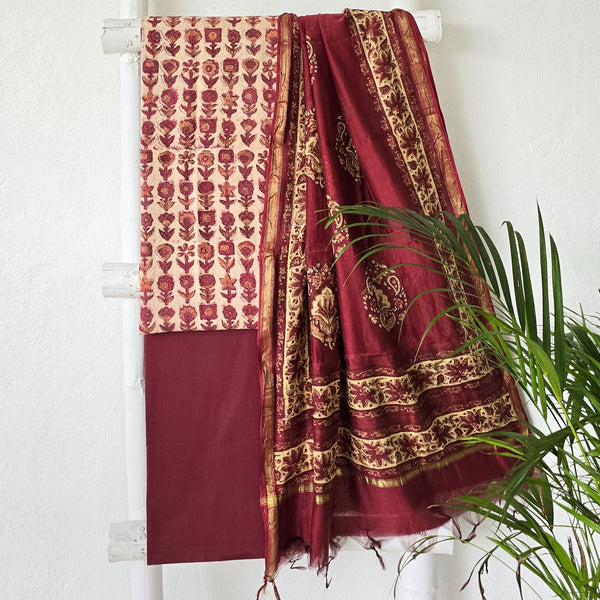 BHAVYA-Pure Cotton Vanaspati Cream With Maroon Flower Motif Top And Pure Cotton Plain Bottom And Chanderi Dupatta Suit