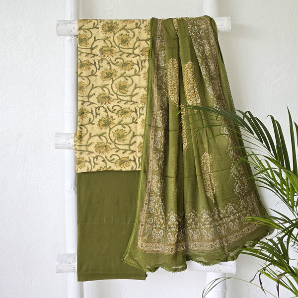 BHAVYA-Pure Cotton Vanaspati Flower Jaal Mahindi Green Top And Plain  Bottom And  Chiffon Dupatta Suit