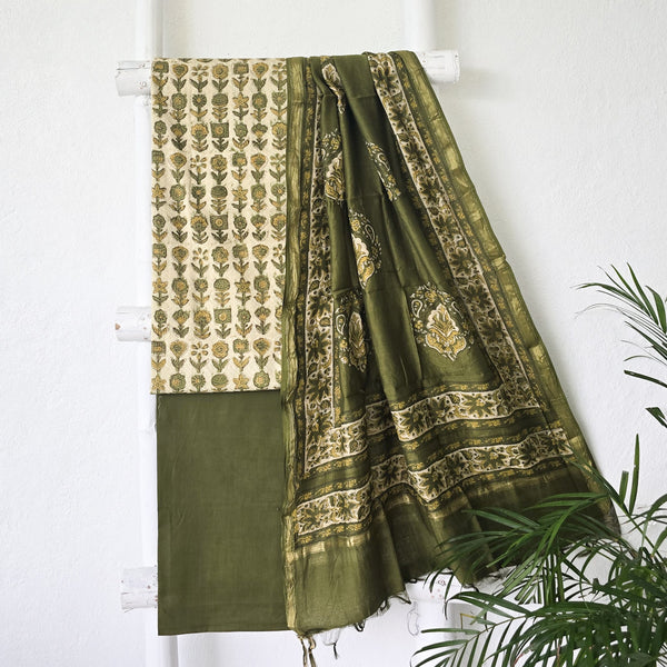 BHAVYA-Pure Cotton Vansapati Green Top And Cotton Plain Green Bottom And Chanderi Dupatta