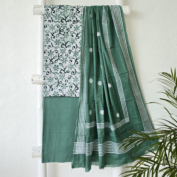 BHAVYA-Pure Cotton White With Green Flower Jaal Top And Plain Bottom And Cotton Dupatta