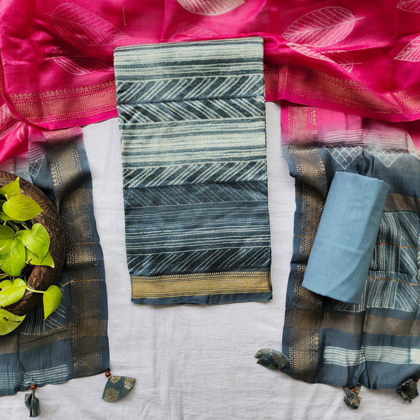 BHUMI-Pure Maheshwari Thread Shibori Grey Top And Plain Cotton Grey Bottom And Pink And Grey Dupatta Suit