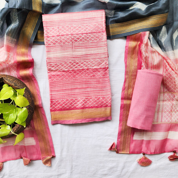 BHUMI-Pure Maheshwari Thread Shibori Pink Top And Plain Cotton Pink Bottom And Pink And Grey Dupatta Suit