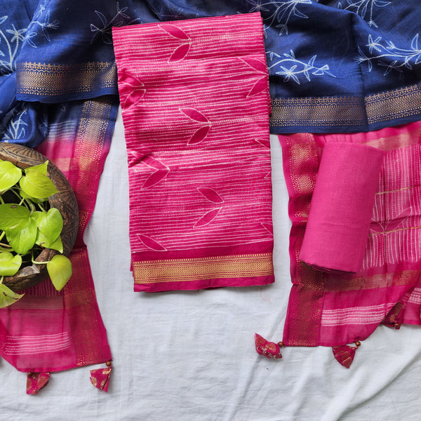 BHUMI-Pure Maheshwari Thread Shibori Pink Top And Plain Cotton Pink Bottom And Pink And Navy Blue Dupatta Suit