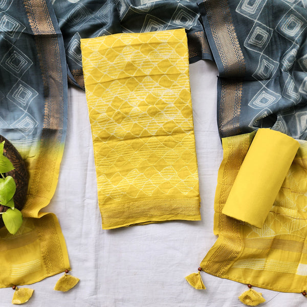 BHUMI-Pure Maheshwari Thread Shibori Yellow Top And Plain Cotton Yellow Bottom And Yellow And Grey Dupatta Suit