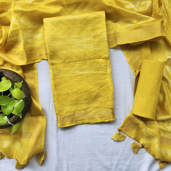 BHUMI-Pure Maheshwari Thread Shibori Yellow Top And Plain Cotton Yellow Bottom And Yellow Dupatta Suit