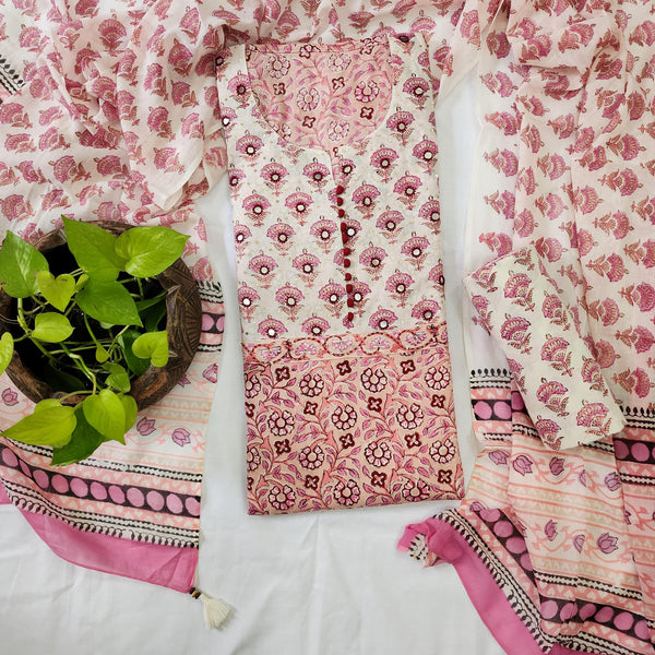 BINA-Pure Cotton  Jaipuri Pink With White Intricate Design Yoke Top And Cotton Jaipuri Bottom And Cotton Dupatta Suit